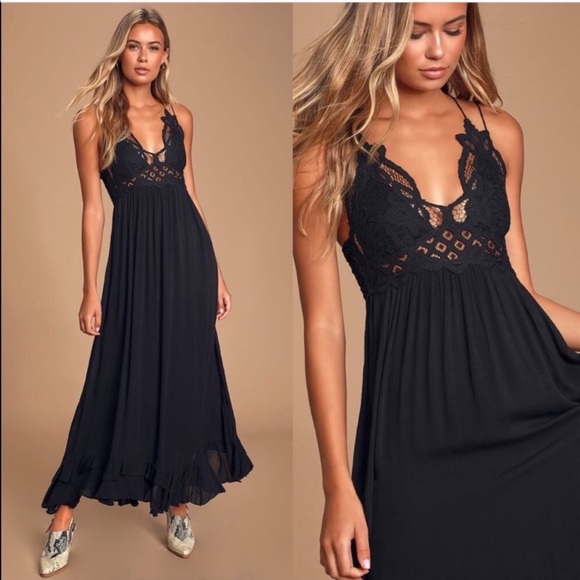 FREE PEOPLE Adella Black Strappy Lace Maxi Dress LARGE NWT $128